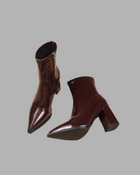 Pointed Toe Patent Leather Mid-Calf Chunky Heel Boots.