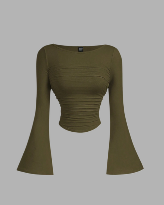 Boat Neck Bell Sleeve Side Ruched t-shirt (sage green)