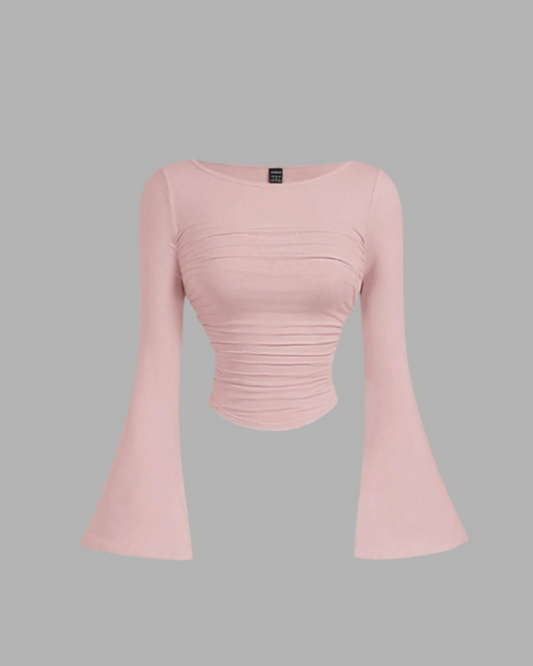 Boat Neck Bell Sleeve Side Ruched t-shirt (baby pink)