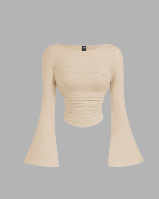 Boat Neck Bell Sleeve Side Ruched t-shirt (beige)