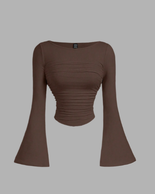 Boat Neck Bell Sleeve Side Ruched t-shirt (brownz)