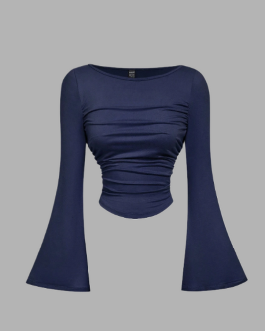 Boat Neck Bell Sleeve Side Ruched t-shirt (blue)